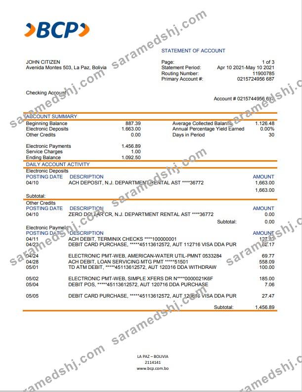 Bolivia banco de crédito de bolivia bank statement template in Word and PDF format